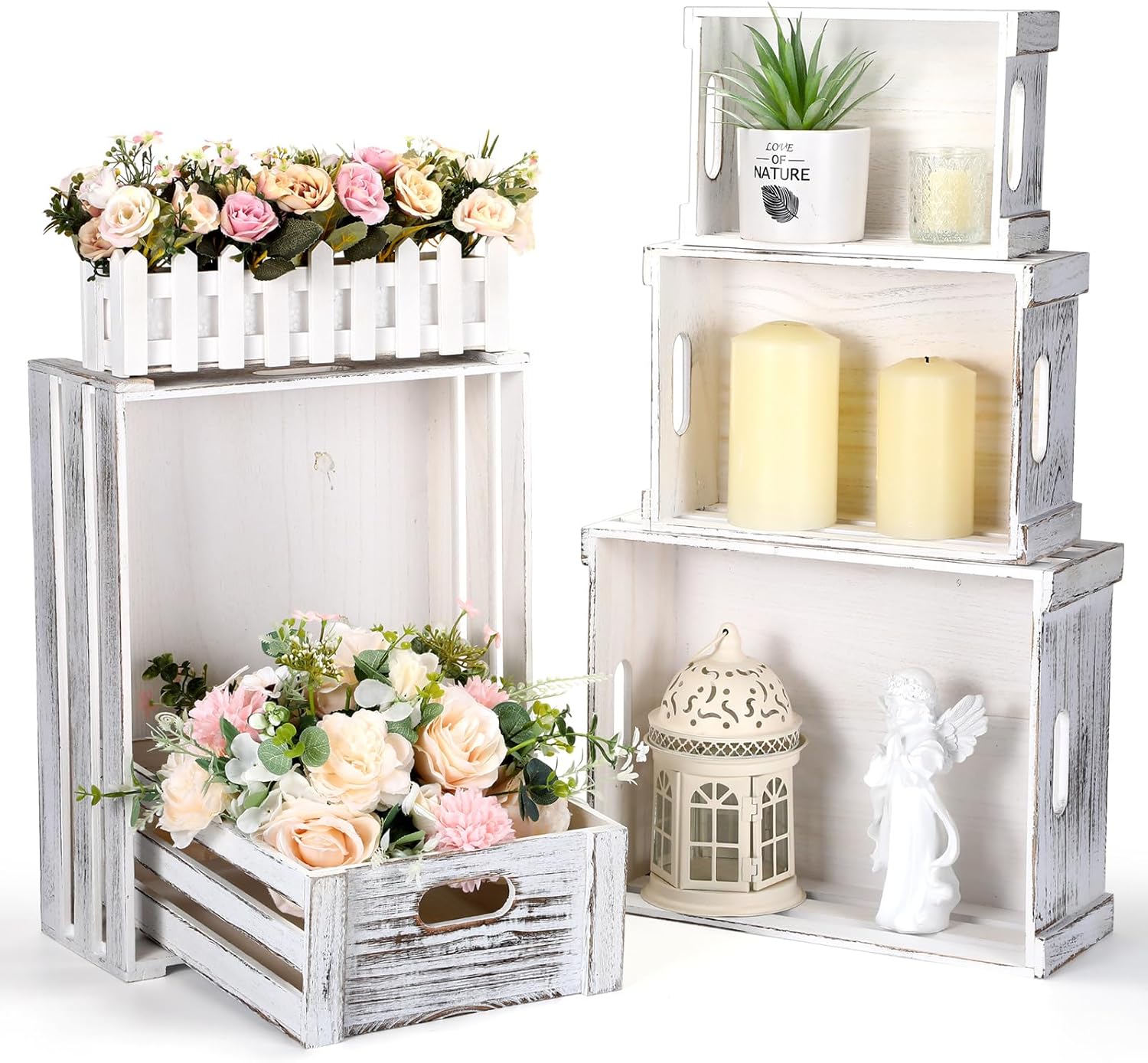 5 Pack Decorative Wood Crates for Display 5 Sizes Rustic Nesting Wooden Crates Vintage Storage Container Boxes with Handles Handmade Decorative Baskets Bin for Farmhouse(Vintage White)-VerdiqueGarden