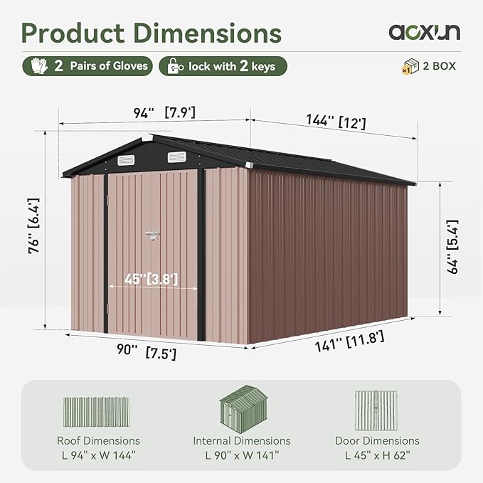 Aoxun 12x7.5 FT Shed Outdoor Storage Shed with Spacious Door Large Sheds with Double Lockable Door Galvanized Metal Shed for Garbage Can, Bike, Mower, Brown-VerdiqueGarden