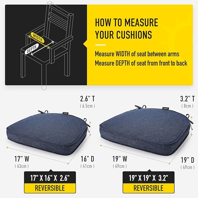 SUNROX Gel Memory Foam Chair Cushions, FadeShield Water-, Stain-Resistant Durable Reversible Seat Cushion Pads with Ties for Indoor/Outdoor Kitchen Dining Office, 19"x19", Set of 2, Heather Indigo-VerdiqueGarden