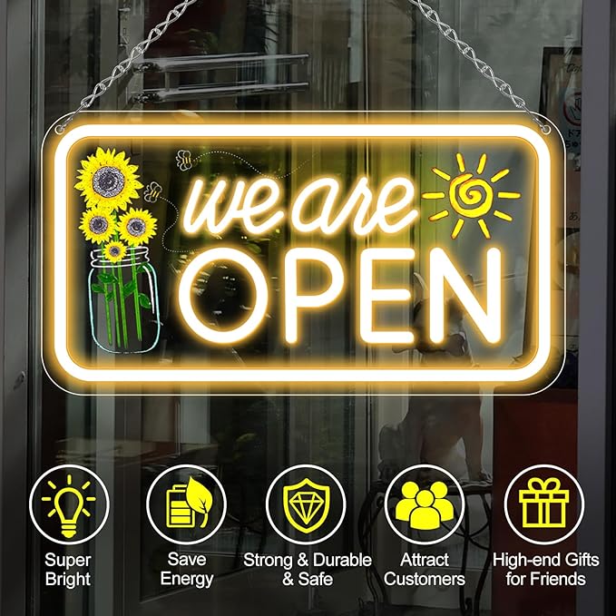 Neon We Are Open Signs for Business, 16.5x9'' Open Sign with Printed Flower and Sun, with ON/OFF Switch & Adapter, Warm White, Ideal for Window, Party, Wall, Bars, Coffee Shops, Salons, Clubs, Hotels-VerdiqueGarden