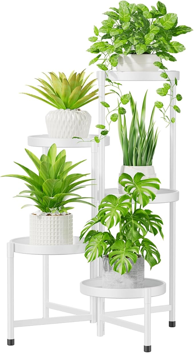 iDavosic.ly 5 Tier Large Plant Stand Indoor with 10 Inch Wide Tray, Tiered Corner Metal Outdoor Flower Display Holder Shelf, Folding Tall Rack for Patio Porch Living Room, White-VerdiqueGarden