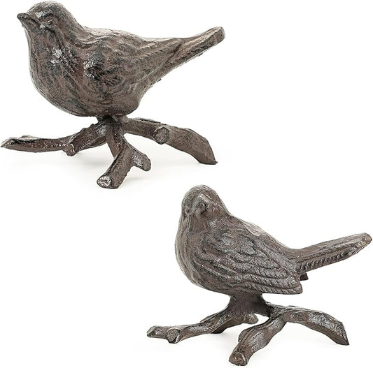 Sungmor Cast Iron Small Bird Statues, Set of 2 Realistic Rust Brown Bird with Branch Collectible Figurines, Farmhouse Home Garden Decorative Sculpture, Indoor and Outdoor Ornaments-VerdiqueGarden