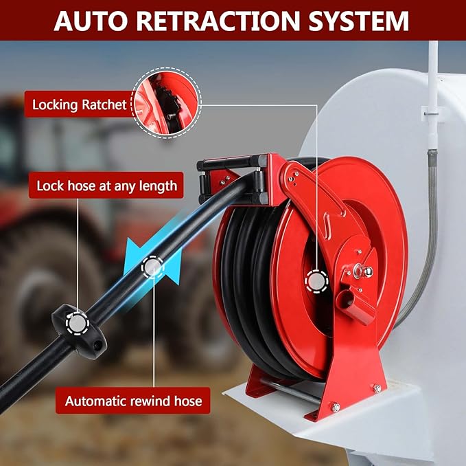 Fuel Hose Reel with Fueling Nozzle, 3/4" x 50FT Retractable Diesel Hose Reel, 300 PSI Industrial Heavy Duty Auto Swivel Rewind Hose Holder Reels, for Vehicle Tank Truck Trailer Ship-VerdiqueGarden