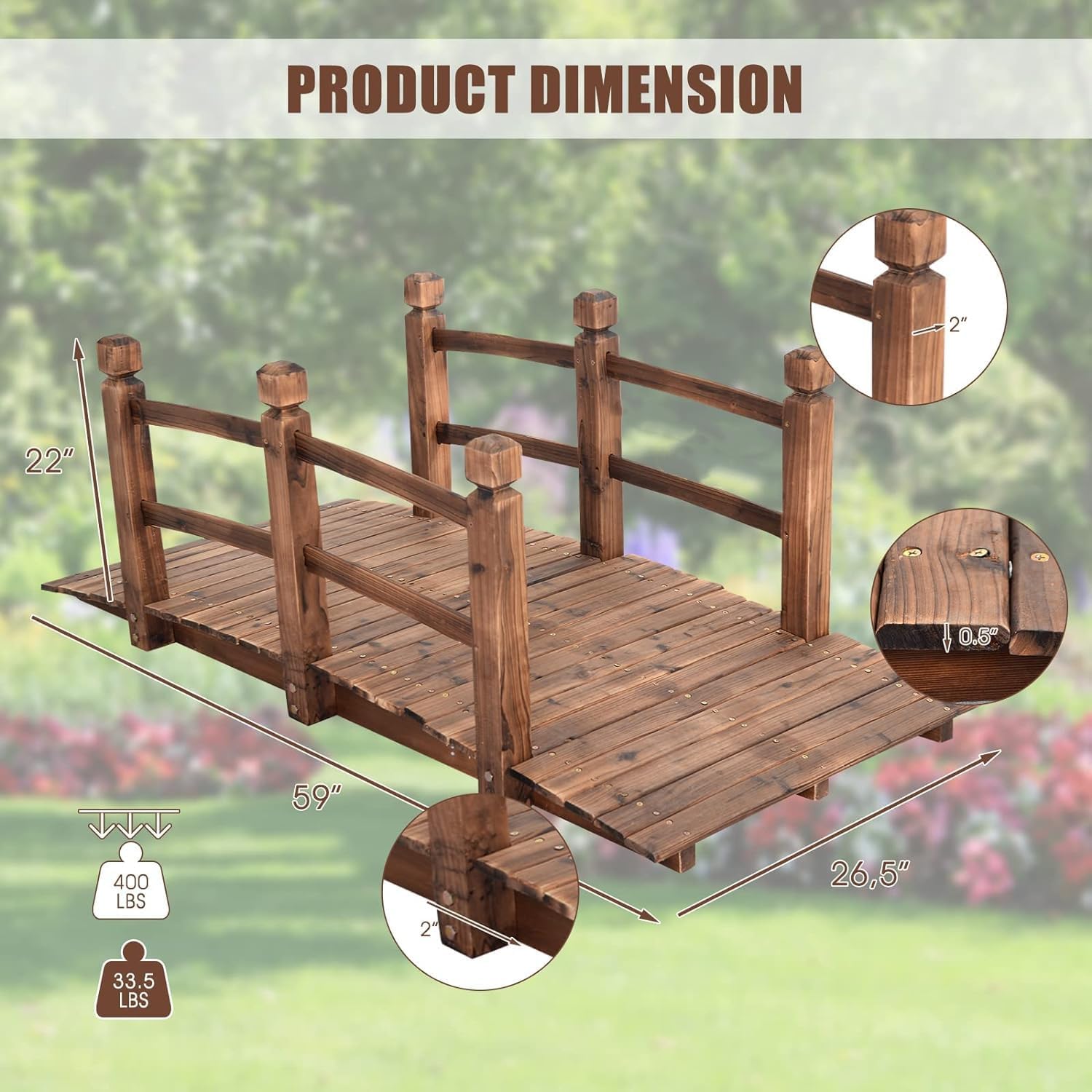 Giantex 5 FT Wooden Garden Bridge, Stained Wood Arc Footbridge with Railings, 400 lbs Capacity, Decorative Pond Bridge for Outdoor Garden Yard Backyard Creek Farm (Brown)-VerdiqueGarden