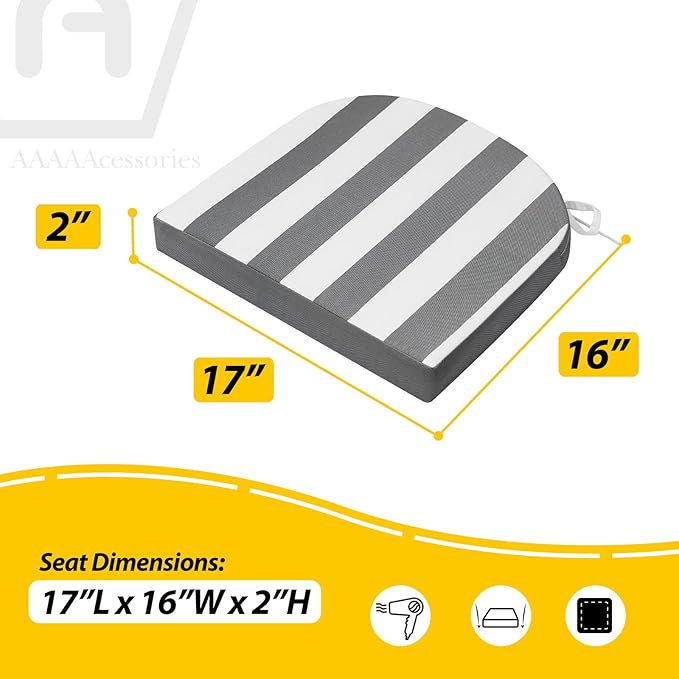 AAAAAcessories Outdoor Seat Cushions for Chairs, Waterproof, Fade-Resistant Patio Furniture Replacement Cushions, 17" x 16" x 2", Set of 2, Gray Cabana Stripe-VerdiqueGarden