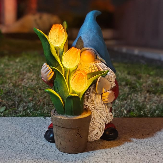Garden Gnome Statue, Sculpture of a Dwarf Holding a Shovel and a Flower Pot, Solar Gnome Statues Outdoor Decor, Outside Lawn Patio Yard Ornament Gifts-VerdiqueGarden