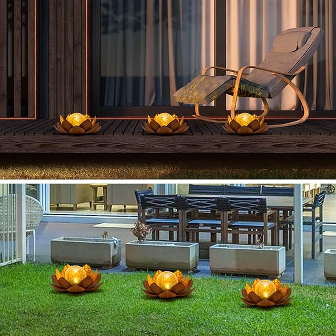Huaxu Solar Lights Outdoor Decor Metal Lotus Flower LED Waterproof Glass Decorative Gifts for Garden Lover Women Mom Table Pathway Lawn Patio Yard Ground-VerdiqueGarden