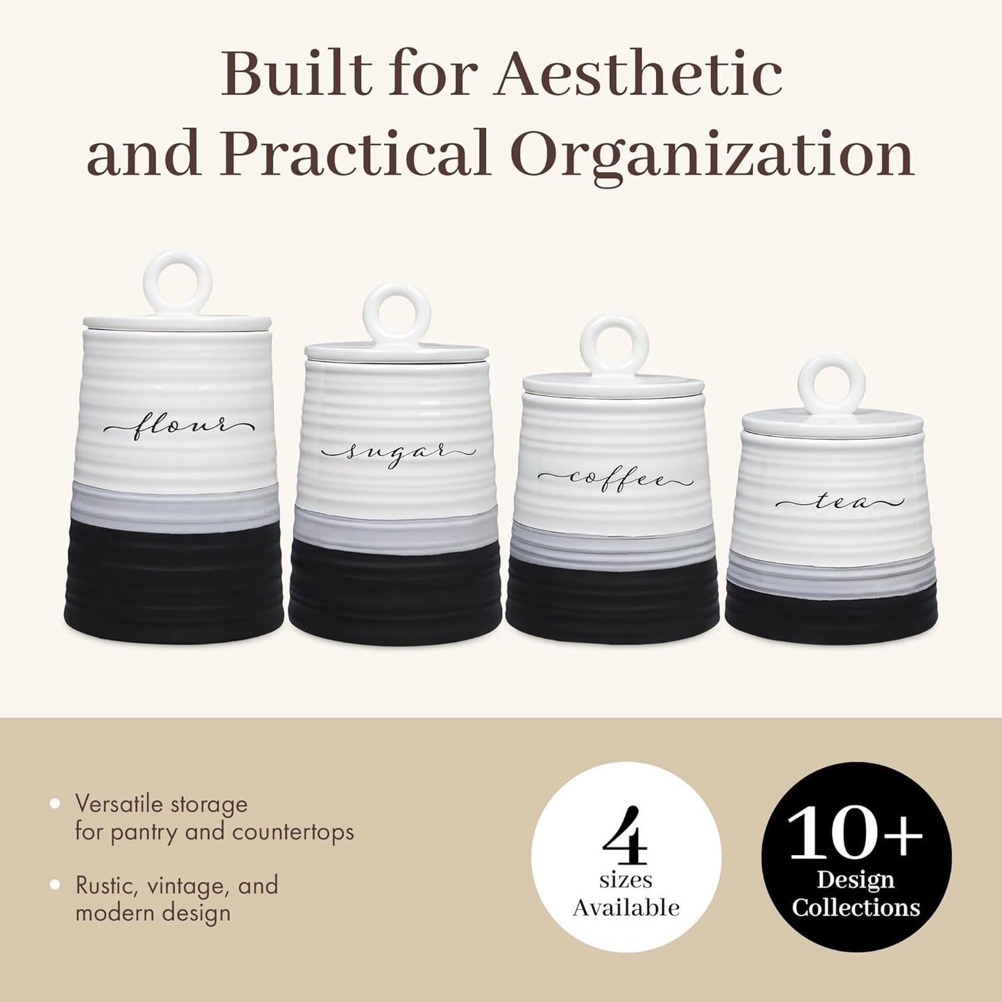 Young's Inc. 4 Pcs Set Rustic Modern Ceramic Canisters- Storage Container for Kitchen and Bathroom - Beautiful Home Decor Accent to Store Food, Coffee, Tea, and More - Black, White-VerdiqueGarden