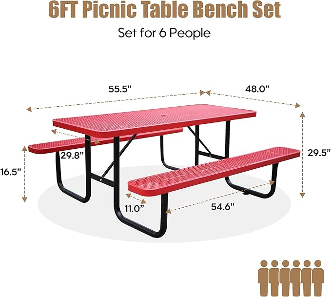 6FT Metal Picnic Tables for Outdoors, Commercial Rectangular Picnic Table and Bench Set for Outside, Patio, Garden, Backyard, Porch, Surface Mount, Red-VerdiqueGarden