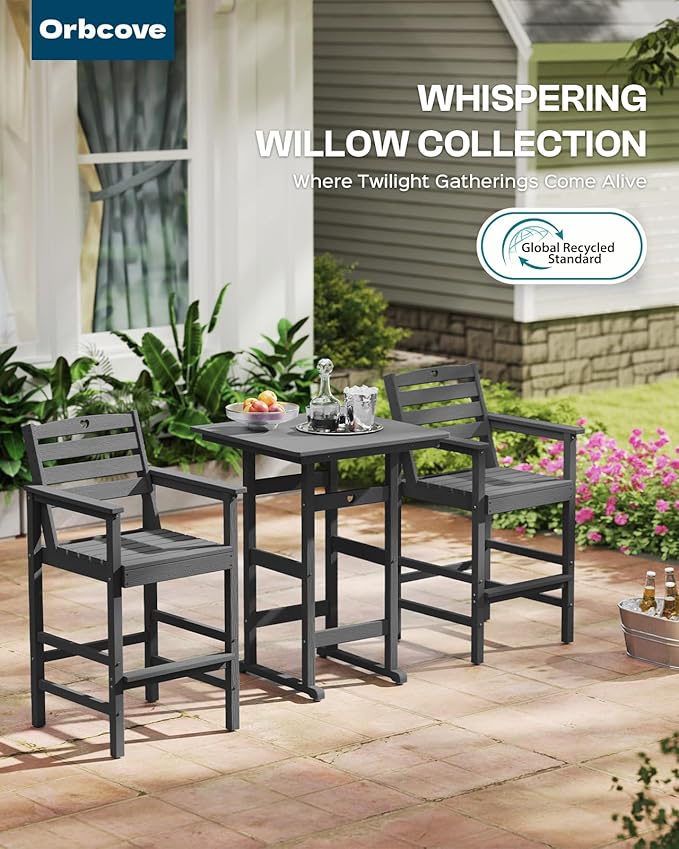 5-Piece Bar Height Outdoor Table and Chairs Set, HDPE Wood Grain Patio Bar Table and Chairs with Heart Cutout Design, Weather-Resistant Bar Height Furniture for Deck, Porch, Pool (Grey)-VerdiqueGarden