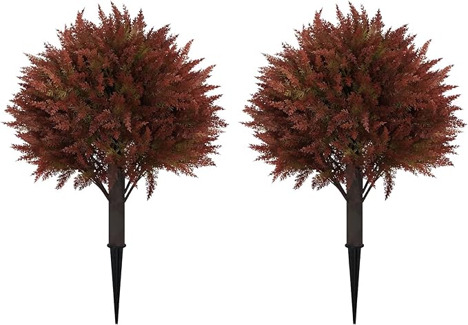 24" Artificial Cedar Topiary Ball Bushes, Set of 2 UV Resistant Fake Trees Outdoor Shrubs with Stake, Weatherproof Faux Plants for Planter, Front Porch, Garden, Yard, Patio Fall Decor-VerdiqueGarden