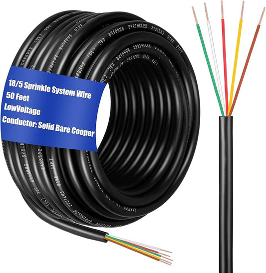 Hoolerry Solid Sprinkler System Wire 18 Gauge Irrigation Wire with UV Resistant PVC Jacket Sprinkler Cable for Underground Irrigation Field Central Control System 30v Ul Listed(18/5, 50 Ft)-VerdiqueGarden