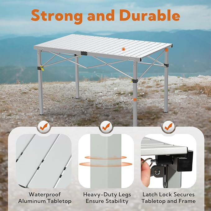 Large 46.4" Camping Table for 2-6 People - 220lbs Capacity Heavy Duty Foldable Outdoor Table with Aluminum Roll-Up Top & Carry Bag, Portable Picnic Desk for BBQ, Tailgating, Backyard (Silver)-VerdiqueGarden