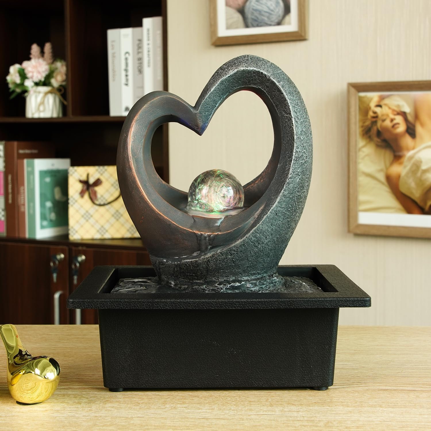 Spinning Orb Rock Cascading Tabletop Fountain, Zen Meditation Indoor Waterfall Feature with ON/Off Switch, Waterfall Fountain with LED Light for Home Office Bedroom-VerdiqueGarden