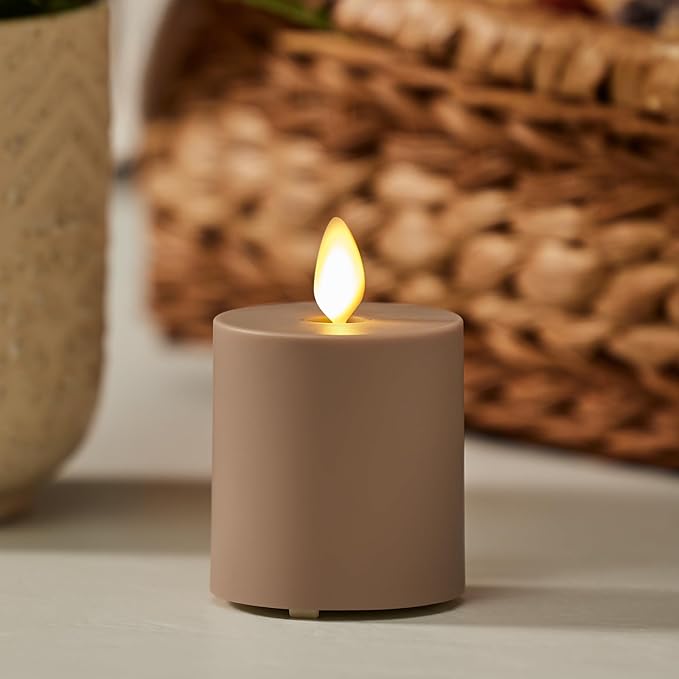 Luminara Outdoor Votive Flameless LED Candle, Timeless Taupe 2" x 3.2", Moving Flame Battery Operated Timer Remote Ready IPX4 Matte Plastic Finish-VerdiqueGarden