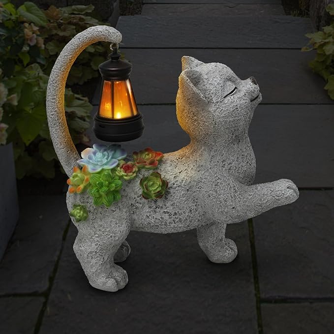 Solar Garden Outdoor Statues Cat with Succulent Solar Lantern, Lawn Decor Kitten Figurine for Patio Balcony Yard, Yard Unique Christmas Birthdays Gift for Mom Grandma-VerdiqueGarden