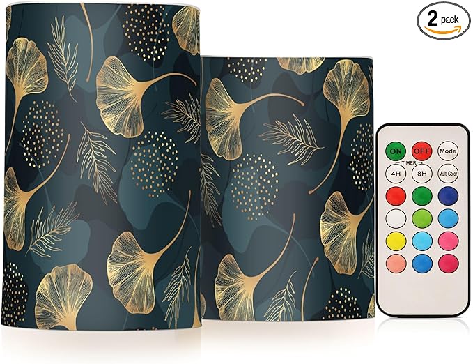 Flickering Flameless Candles, Golden Ginkgo Leaf LED Candles with Remote Timer, Set of 2 Battery Operated Candle for Valentine Wedding Birthday-VerdiqueGarden