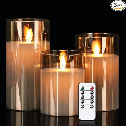 Glass Realistic Flickering Flameless Candles with Remote Timer, LED Pillar Candles Battery Operated with 3D Wick, Real Wax Fake Candles Home Decor for Wedding Festival Party-VerdiqueGarden