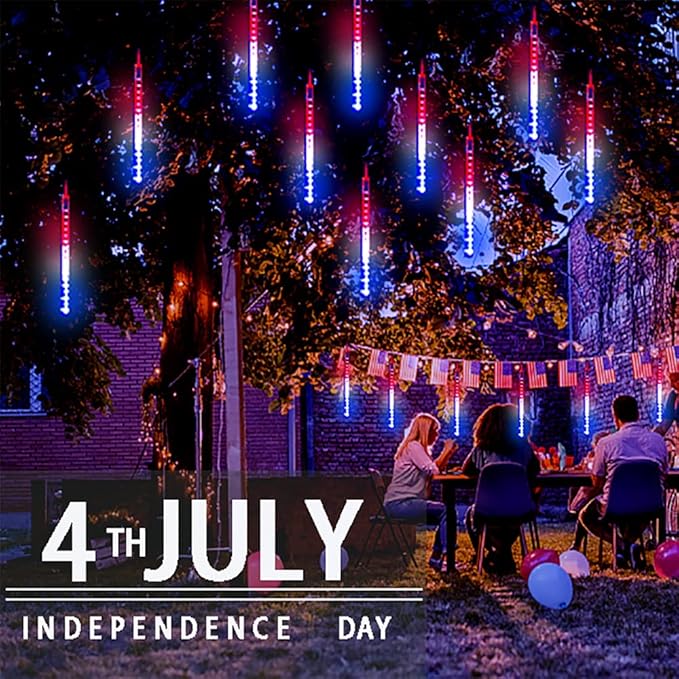 Aokudoni 4th of July Decorations Outdoor, 16 Inch Red White and Blue Meteor Shower Lights for Independence/National/Memorial Day, LED Christmas Lights Outdoor for Yard Garden Tree Holiday Party-VerdiqueGarden