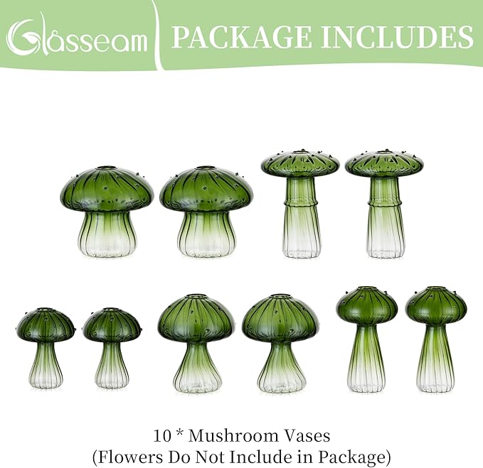 Glasseam Mushroom Plant Propagation Stations: Green Glass Terrarium Jar Set of 10 Cute Planters for Indoor Plants Mini Propagate Station Unique Christmas Birthday Gifts for Women Home Office Decor-VerdiqueGarden