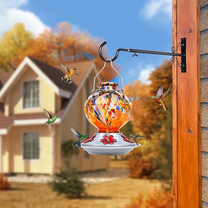 BOLITE Hummingbird Feeder, Hand Blown Glass Hummingbird Feeders for Outdoors Hanging, with Ant Moat and 5 Feeding Ports, 22 Ounces, Peony Flower Shape, Orange, Gifts for Women Men, Gifts for Mom Dad-VerdiqueGarden