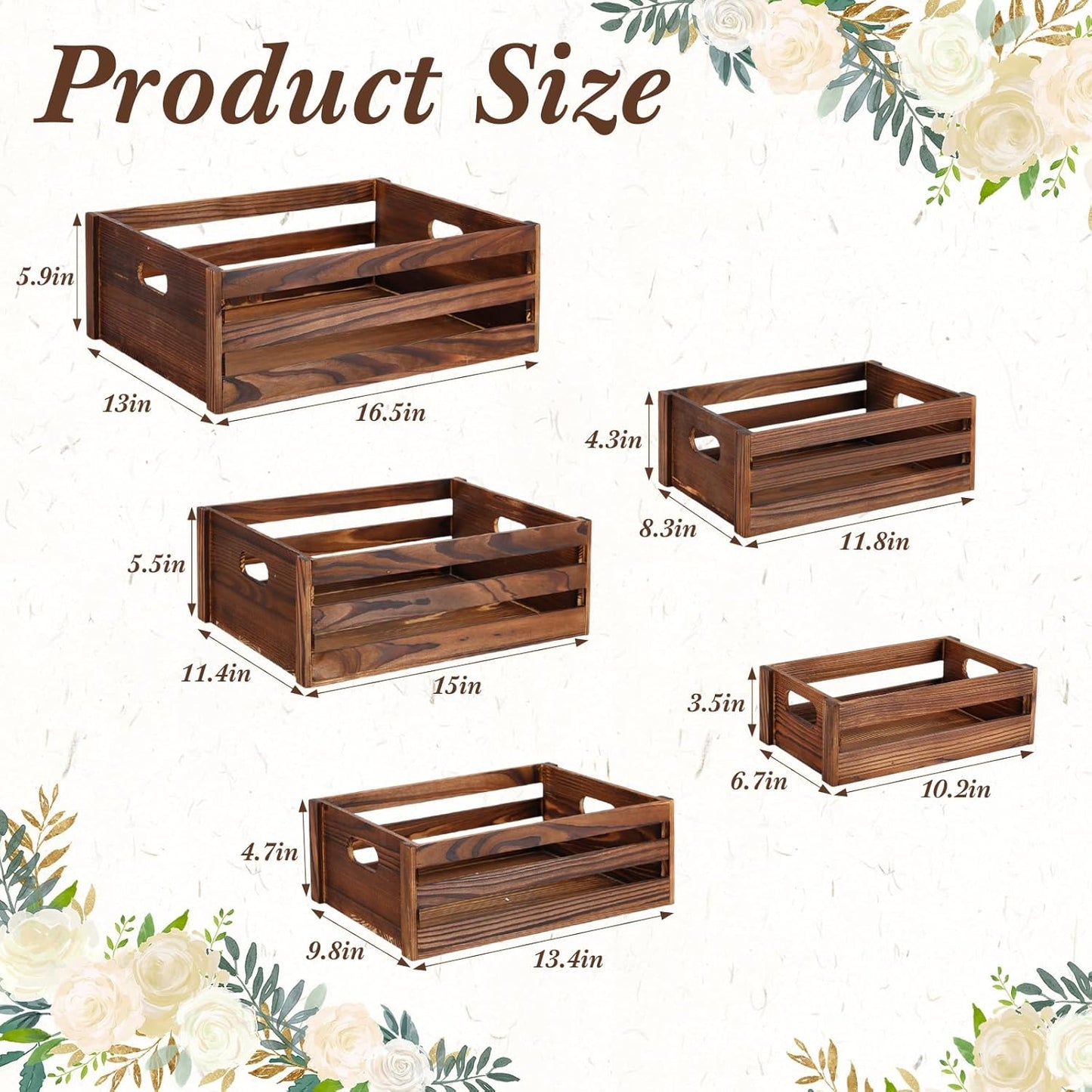 5 Pack Decorative Wood Crates for Display 5 Sizes Rustic Nesting Wooden Crates Vintage Storage Container Boxes with Handles Handmade Decorative Baskets Bin for Farmhouse(Rustic Brown)-VerdiqueGarden