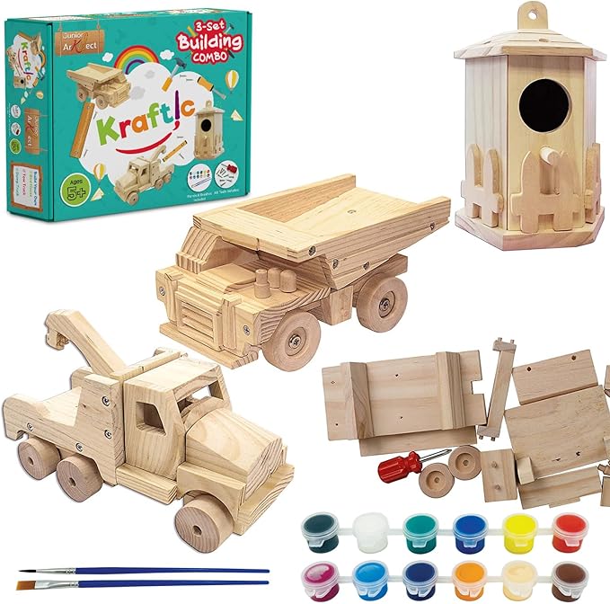 Kraftic Woodworking Building Kit for Kids and Adults, with 3 Educational DIY Carpentry Construction Wood Model Kit Toy Projects for Boys and Girls - Tow Truck, Birdhouse and Dump Truck-VerdiqueGarden