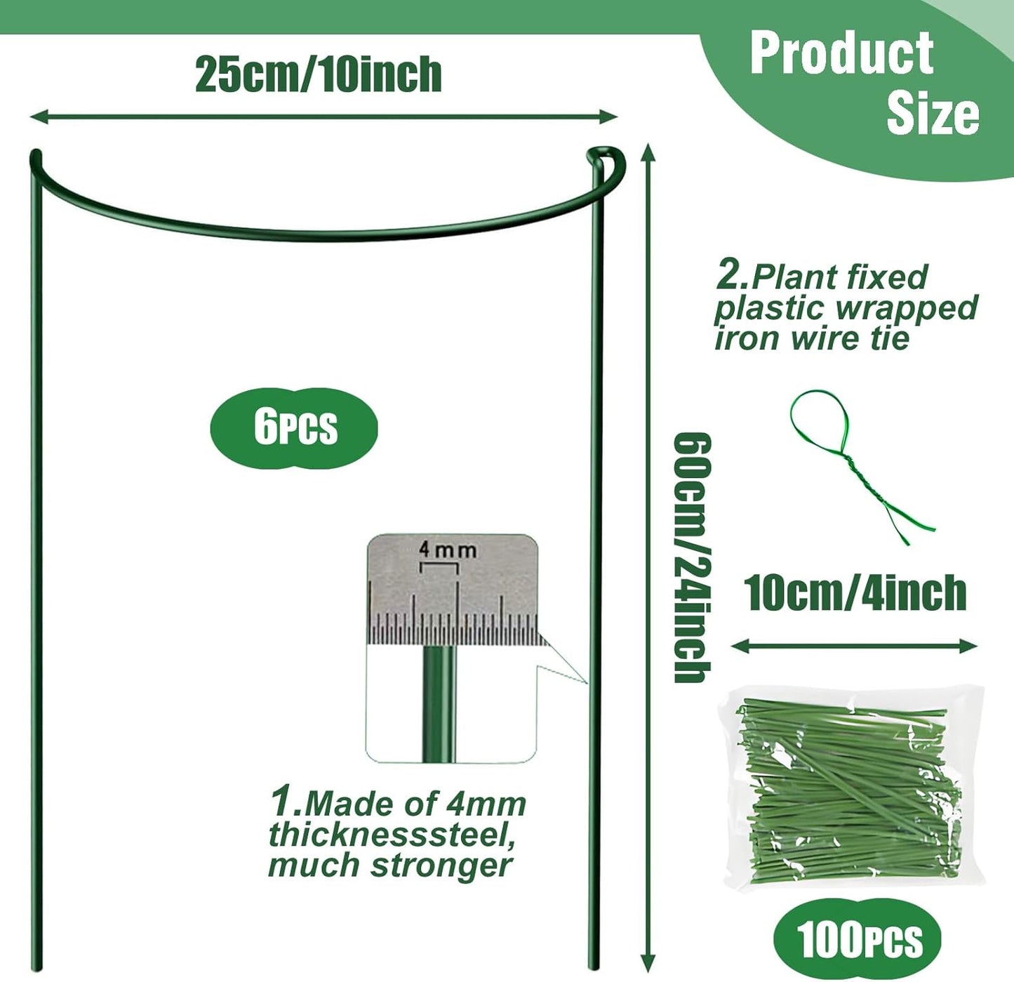 6 Pack Tall Plant Support Stakes, Peony Cages and Supports Large 10" Wide x 24" High Tall Peony Ring Supports, Garden Plant Stakes for Outdoor Plants Rose, Tomato, Hydrangea, Flowers(100 Plant Ties)-VerdiqueGarden