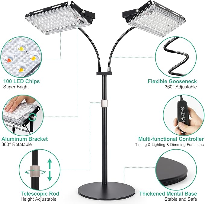 LBW Plant Grow Light, Full Spectrum Dual Heads Desk Plant Light for Indoor Plants, Growing Lamp with 3H/6H/12H Timer, 6-Level Brightness, 3 Lighting Modes, Height Adjustable, Ideal for Indoor Growth-VerdiqueGarden