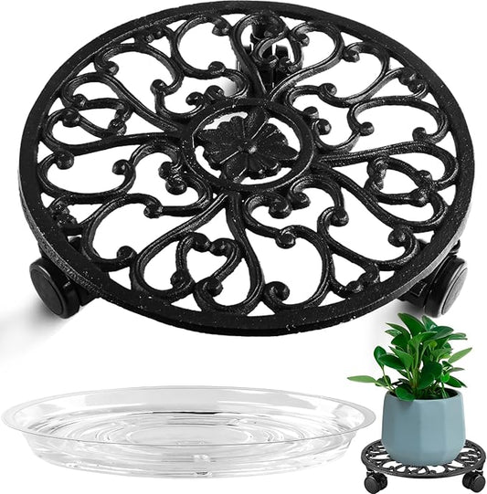 11 Inch Rolling Plant Stand with Wheels Wrought Iron Rolling Plant Stand with Casters Heavy Duty for Indoor Plants Rollers with Plant Saucers, Metal Round Plant Dolly 1 Pack-VerdiqueGarden