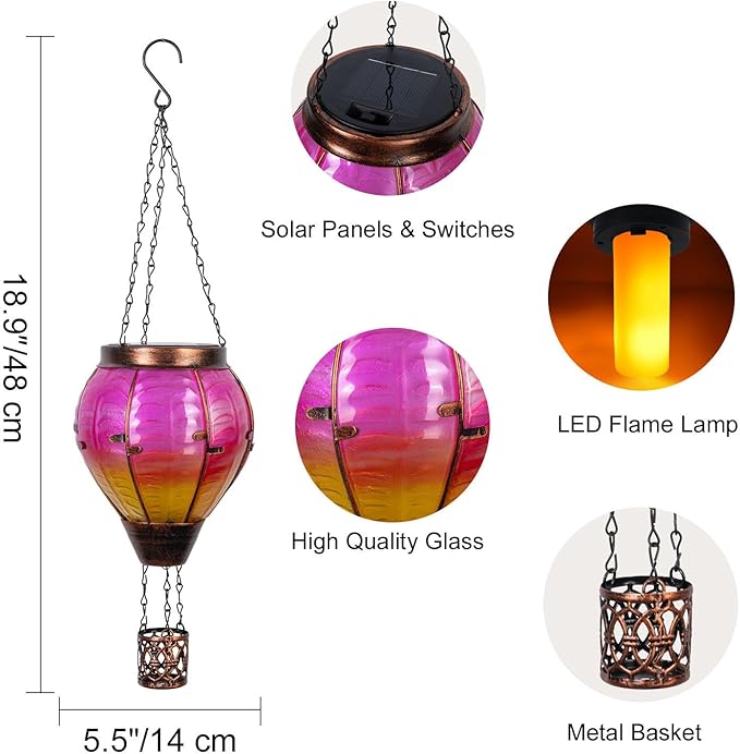 Hot Air Balloon Solar Lantern with Flickering Flame Light Outdoor Solar Hanging Lights Waterproof for Garden Yard Farmhouse Patio Pathway Outside Decoration, Pink&Orange-VerdiqueGarden