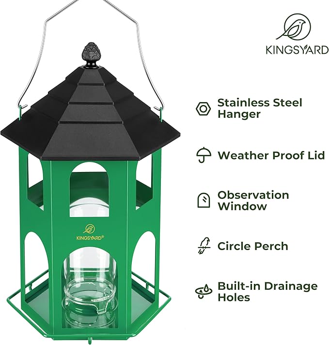 Kingsyard Metal Bird Feeder for Outdoor Hanging, Wild Bird Feeders with Circular Perch, Easy to Clean & Refill, 4 lbs Large Seed Capacity, Green-VerdiqueGarden