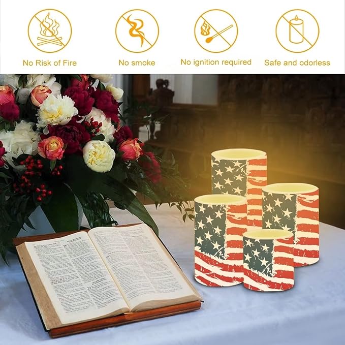 Flameless Electric Candles Decoration Lamp with Remote Timer Control Long Lasting for Fourth of July Party Decoration Home Indoor Outdoor Decor Pack of 4, American Flag Fashion-VerdiqueGarden