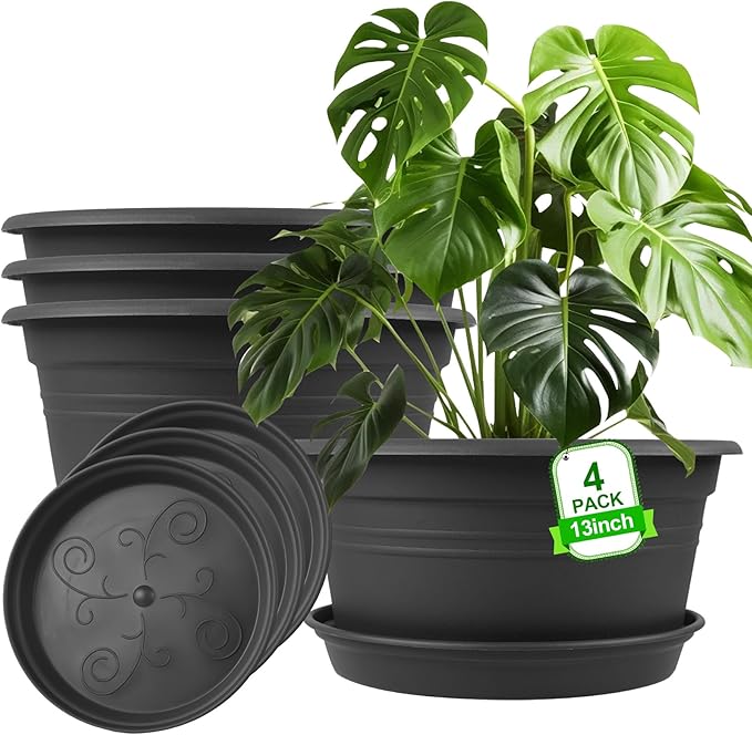 Large Flower Pots Set of 4 Pack 13 inch, Plant Pots Large Outdoor Planters with Drainage Hole & Tray Saucer, Decoration Plastic Pots for Plants for Indoor Outdoor Garden Home Plants Planter (Grey)-VerdiqueGarden