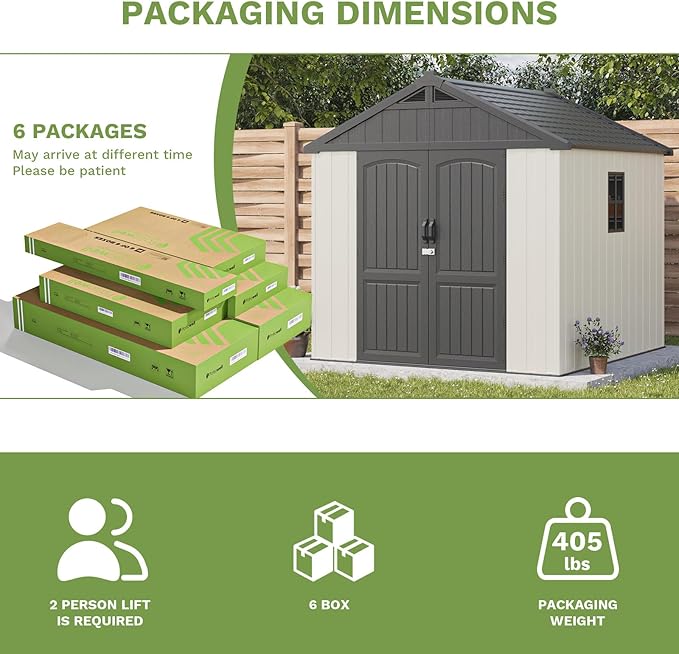 Patiowell 8 x 8 FT Plastic Outdoor Storage Shed with Floor, Resin Shed with Window and Lockable Door for Garden, Backyard, Tool Storage Use, Easy to Install in Beige (Kick-it Shed)-VerdiqueGarden