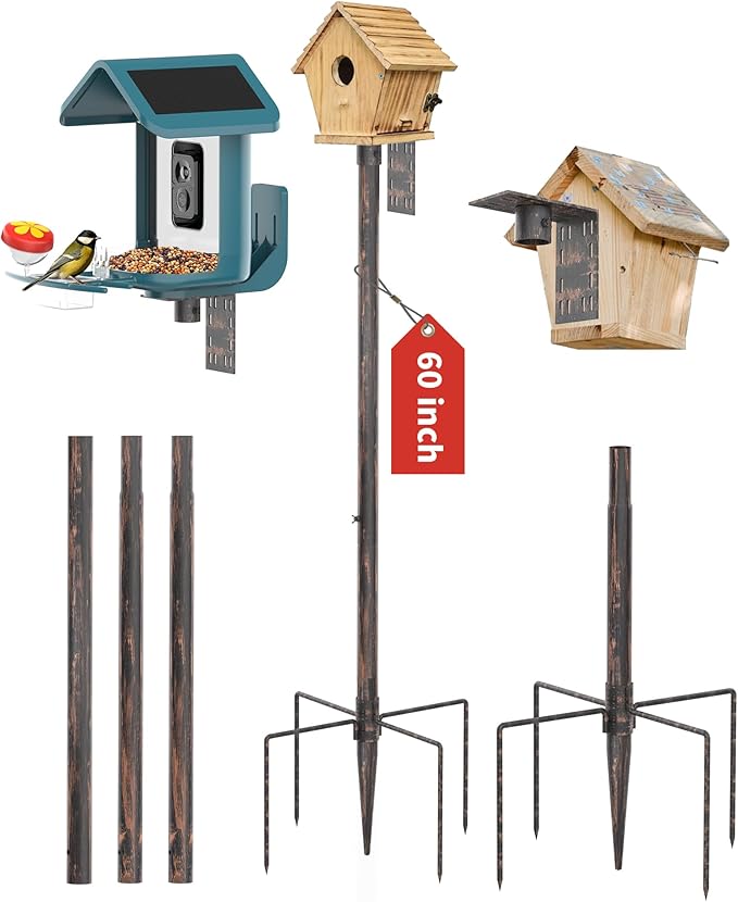 Bird Feeder Pole Stand – 60 Inch Height Feeding Station with 1-Inch Dia Heavy Duty for Hanging Feeders, Bird House Pole Mount Kit for Outdoor, Slip-Fit Connection，Copper Brushed-VerdiqueGarden