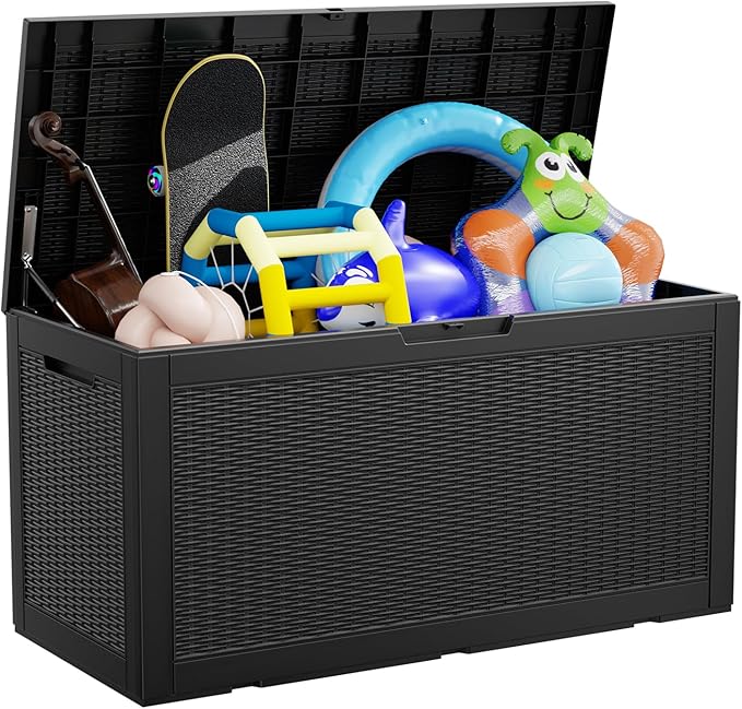 100 Gallon Deck Box,Resin Outdoor Storage Box with Lockable for Patio Furniture, Pool Accessories, Garden Tools Waterproof Outside Storage Box, Black-VerdiqueGarden
