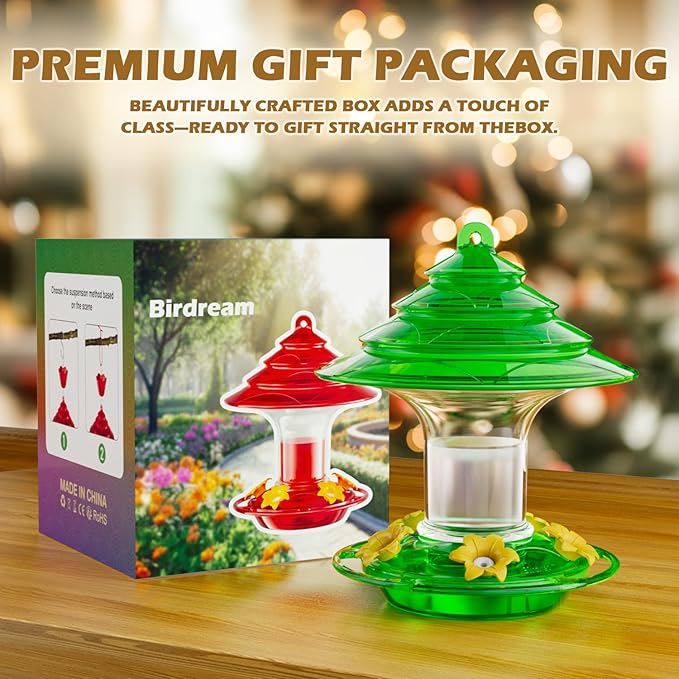 Birdream Hummingbird Feeder for Outdoors Hanging 40oz 10 Feeding Ports, 2 Pack Humming Bird Feeder with Ant Moat Brush Leak Proof - Green-VerdiqueGarden