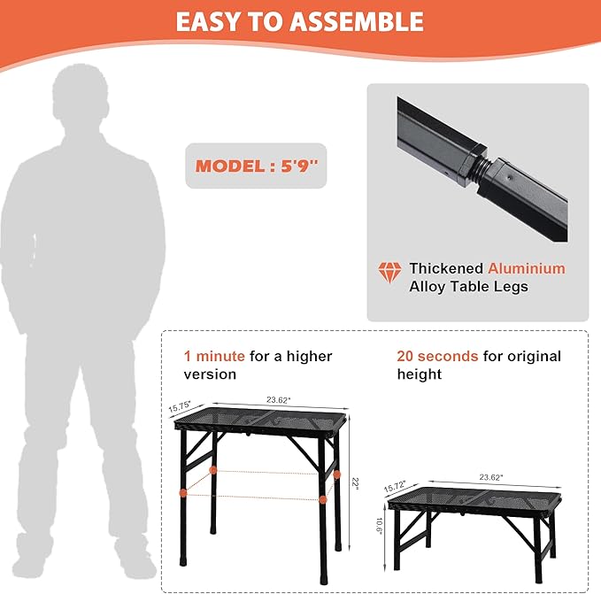 Camping Table with Mesh Desktop, Lightweight & Portable Small Folding Grill Table, Height Adjustable Metal Outdoor Table for Camp, Cooking, BBQ, RV, Picnic-2 FT Black-VerdiqueGarden