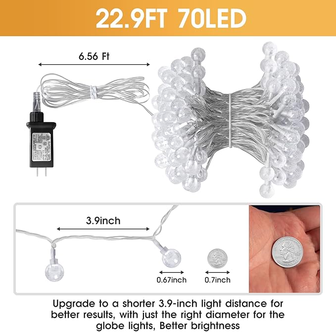 22.9ft 70LED Globe String Lights Outdoor,Crystal Fairy Light IP44 Waterproof Outdoor Hanging Decorative Lights for Home Tent Patio Garden Party Wedding Decor-VerdiqueGarden