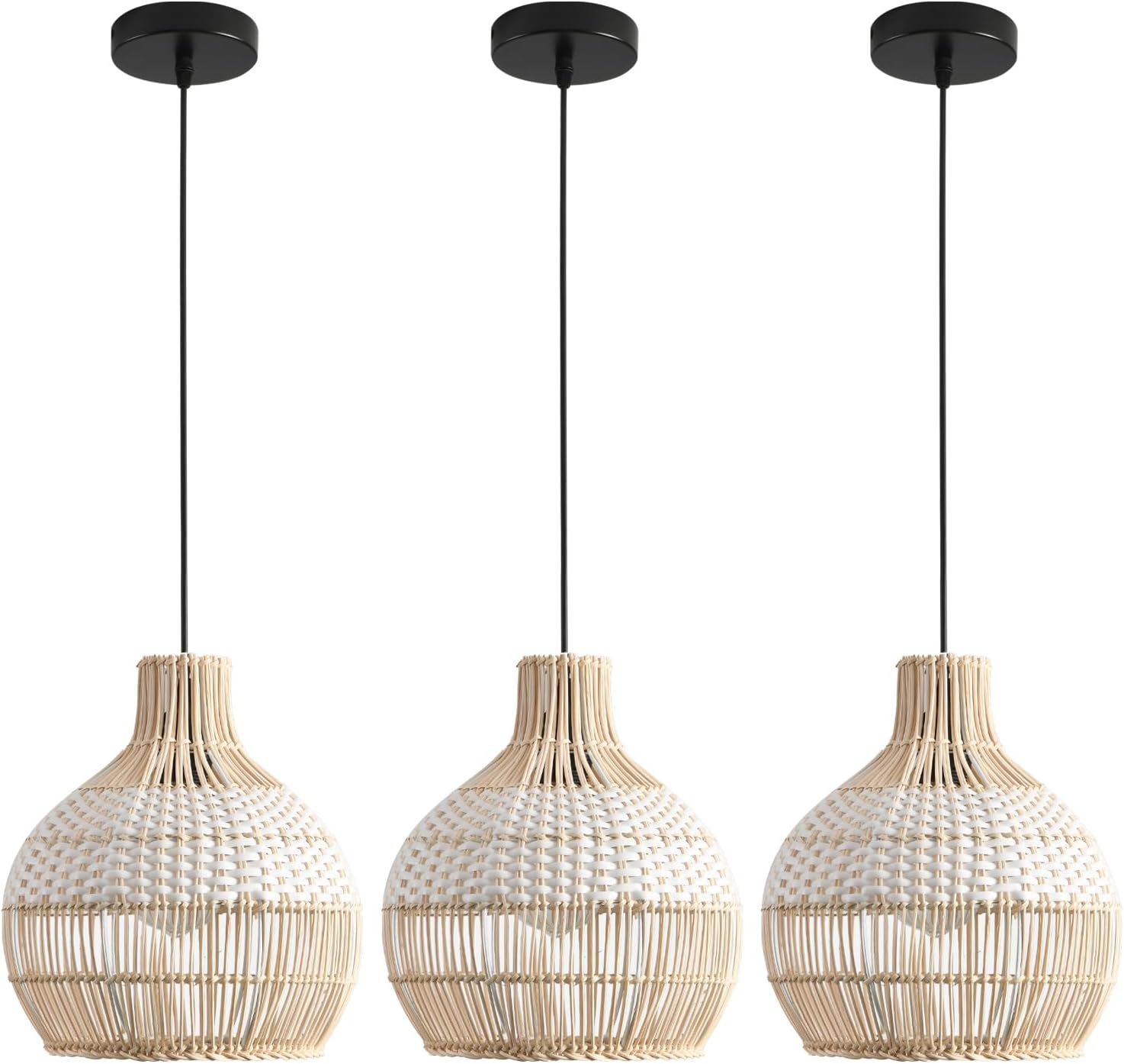 3-Pack Fax Rattan Pendant Light Fixture Mini Hand-Woven White Rattan Chandelier 10.24" Boho Wicker Hanging Lamp for Dining Living Bedroom Kitchen Farmhouse-VerdiqueGarden