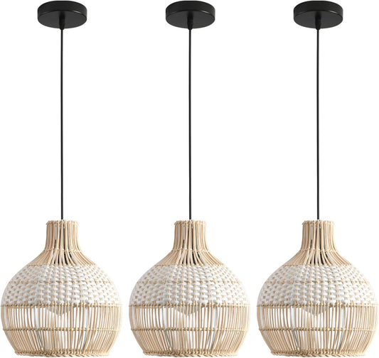 3-Pack Fax Rattan Pendant Light Fixture Mini Hand-Woven White Rattan Chandelier 10.24" Boho Wicker Hanging Lamp for Dining Living Bedroom Kitchen Farmhouse-VerdiqueGarden