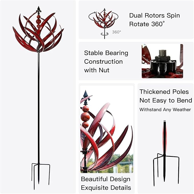 Yard Garden Wind Spinners - Large Outdoor Metal Wind Spinners Sculptures, Lawn Yard Art Garden Decor (Burgundy Lotus)-VerdiqueGarden