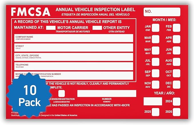10 Pack Buck Aluminum Annual Vehicle Inspection Label with Punch Boxes, 2 Mil Red FMCSA Self Adhesive Sticker, DOT Compliant, Weatherproof, Tear Resistant, Easy to Write On, 6" x 3.5" - Made in USA-VerdiqueGarden
