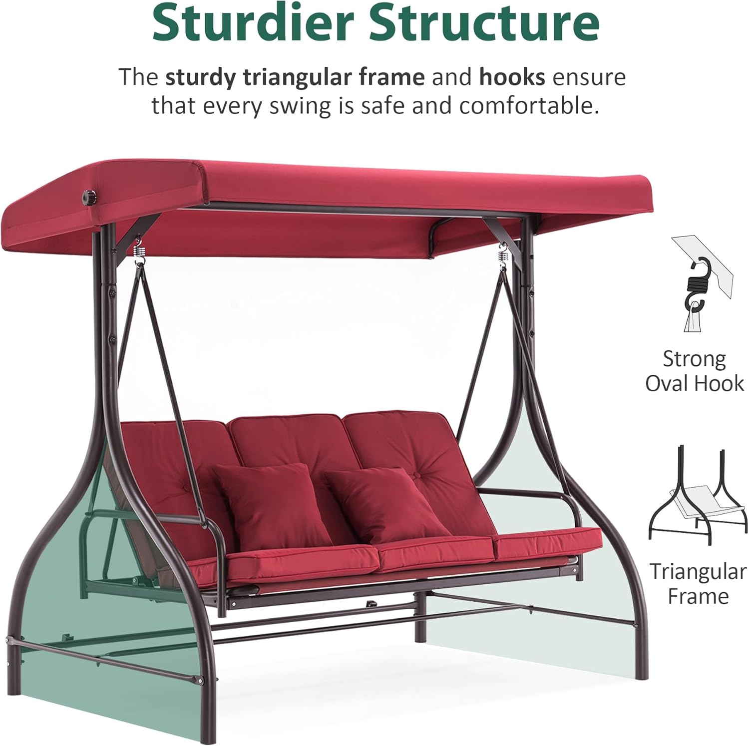MCombo 3-Seat Outdoor Patio Swing Chair, 2-in-1 Convertible Porch Swing Glider Chair with Removable Cushions, Adjustable Canopy & Pillows for Backyard, Deck, Garden, 4068 (Burgundy)-VerdiqueGarden