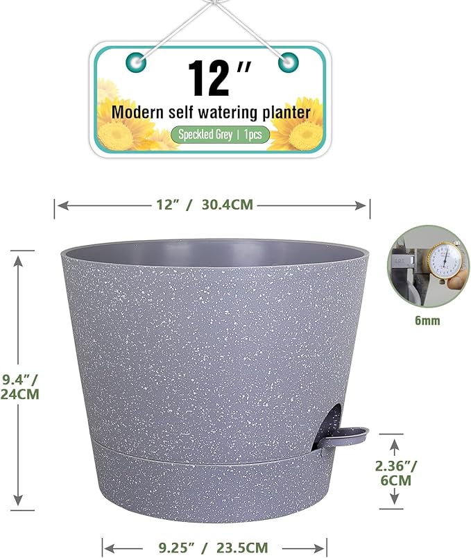 12 inch Large Self Watering Pots for Indoor Outdoor Plants, Plant Pots with Mesh Drainage Holes for Garden House Plants, Plastic Planters with Reservoir for Flower, Speckled Grey-VerdiqueGarden