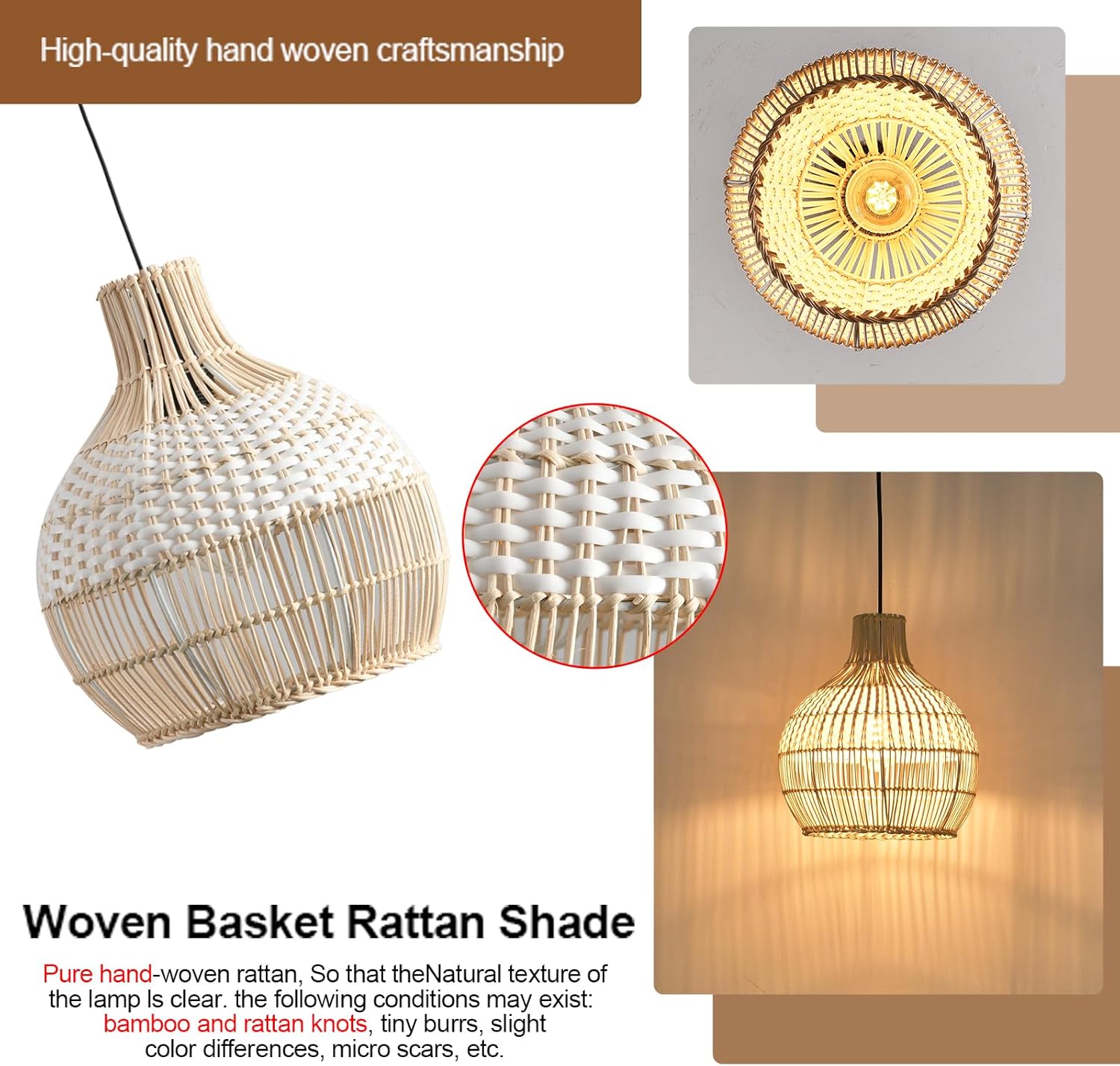 3-Pack Fax Rattan Pendant Light Fixture Mini Hand-Woven White Rattan Chandelier 10.24" Boho Wicker Hanging Lamp for Dining Living Bedroom Kitchen Farmhouse-VerdiqueGarden