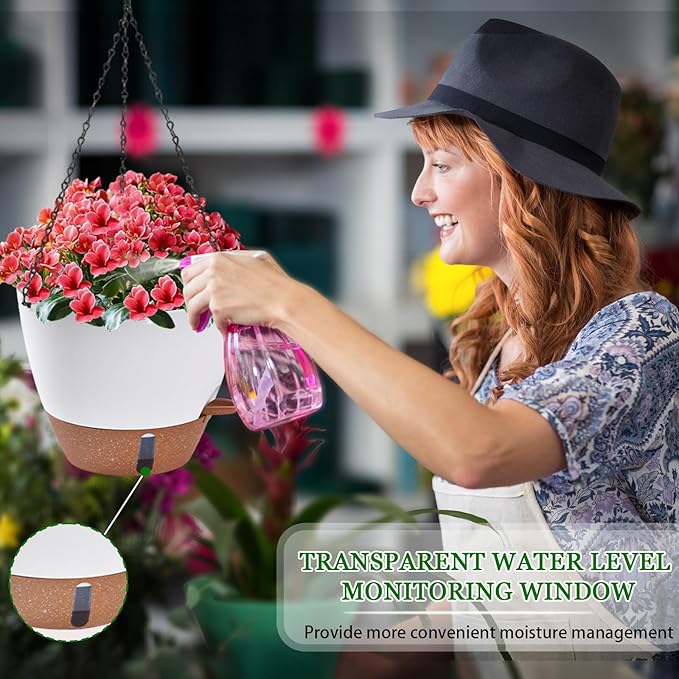 10 Inch Hanging Planters for Indoor Plants, 2 Pack Self Watering Hanging Baskets Flower Pots with Drainage Hole, Visual Reservoir & 2 Kinds of Plant Hanger for Outdoor Garden Home Decor-VerdiqueGarden