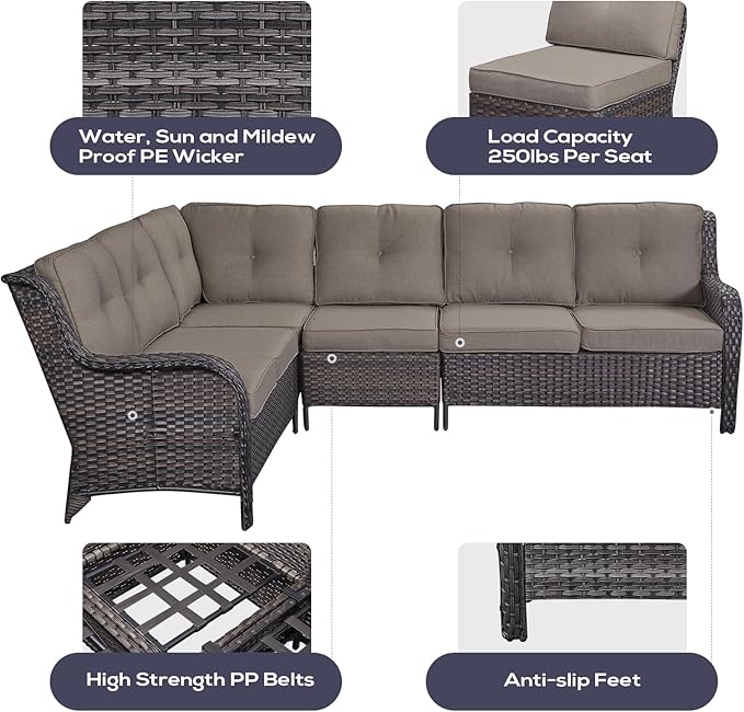 Outdoor Furniture Sectional Sofa L Shaped Couch - Patio Wicker Set with Coffee Table, 3 Piece Rattan Patio Conversation Sets with Gray Cushion for Deck Backyard Sunroom-VerdiqueGarden