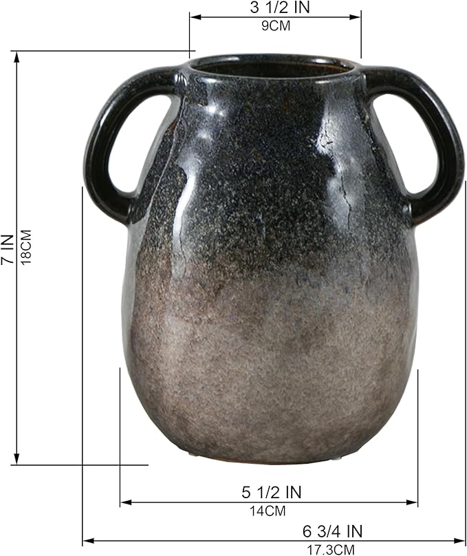 Blue Gradient Ceramic Vase with 2 Handles, Modern Farmhouse Decor, Rustic Terracotta Pottery, Decorative Clay Flower Vase, Centerpiece for Dining Table - 7 Inch-VerdiqueGarden